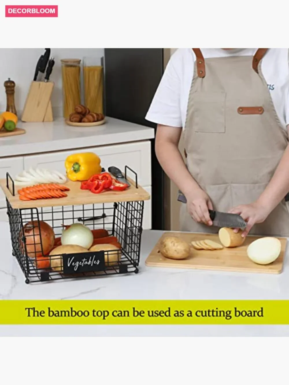 2 Pack Stackable Wire Basket with Bamboo Tops for Pantry Kitchen Organizer